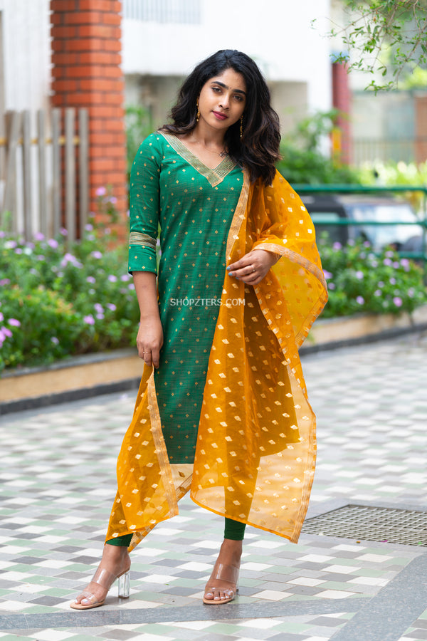 Green Raw Silk Brocade Kurti With Yellow Organza Dupatta