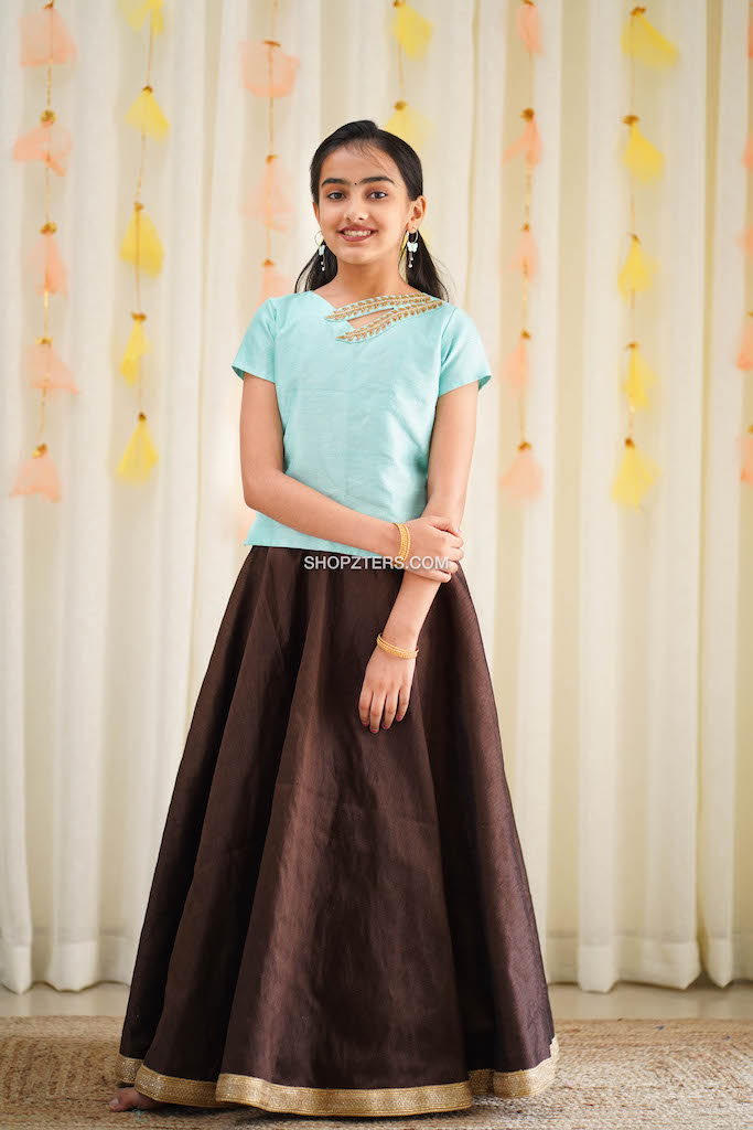 Blue Croptop With Brown Flared Skirt