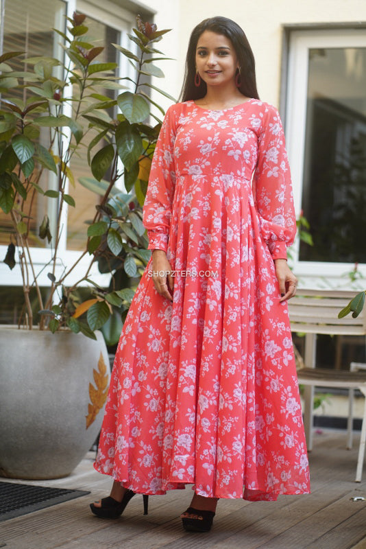 Orange Floral Print Fit and Flare Maxi Dress