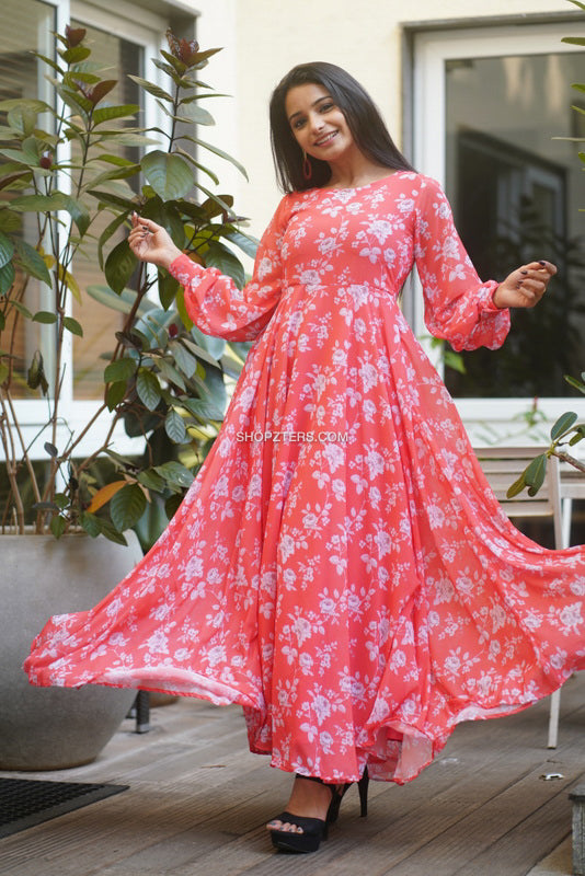 Orange Floral Print Fit and Flare Maxi Dress