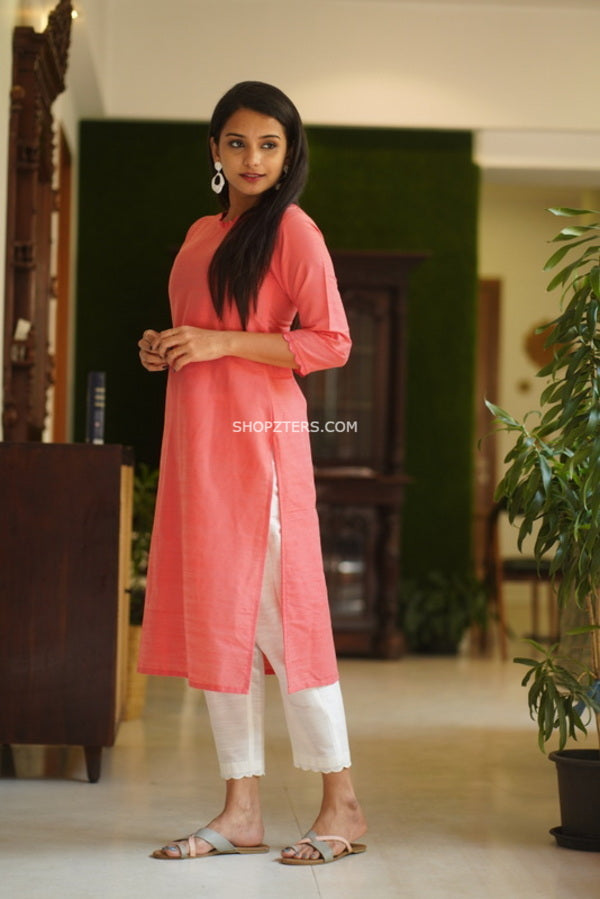 Peach Pink and Pearl White Dupion Suitset With Kota Dupatta