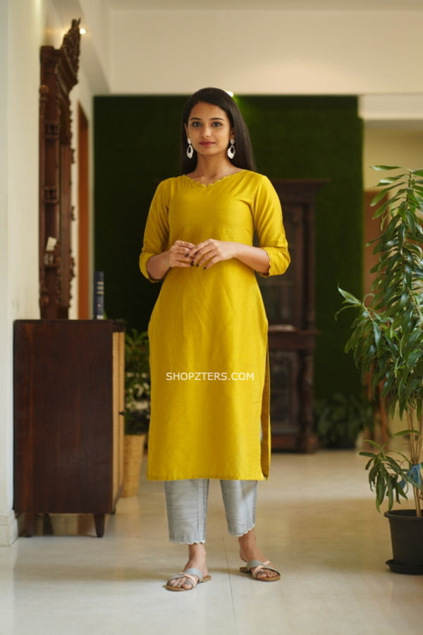 Honey Mustard and Steel Grey Dupion Suitset With Kota Dupatta