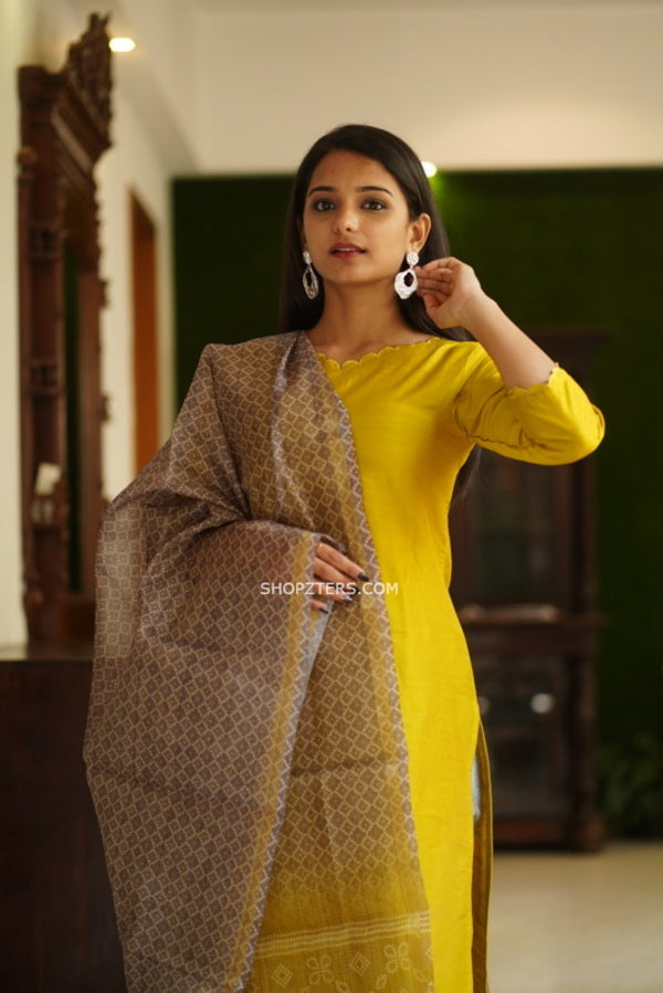 Honey Mustard and Steel Grey Dupion Suitset With Kota Dupatta