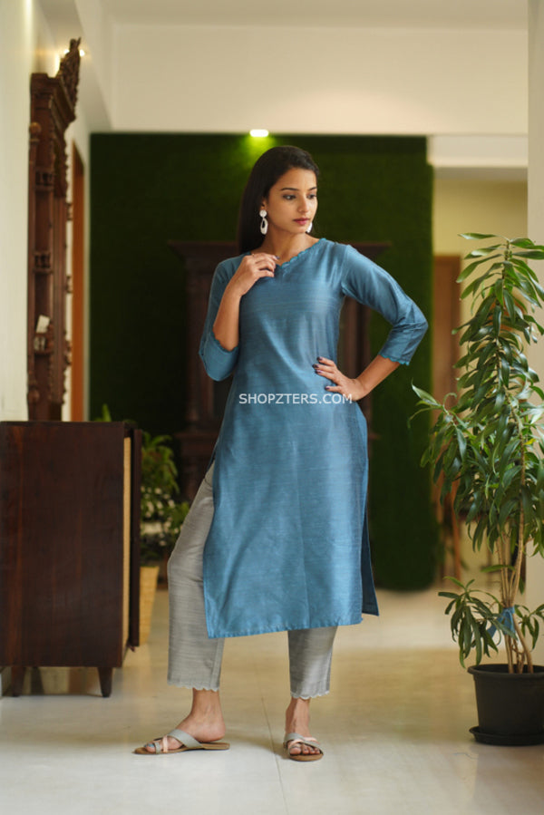 Blue and Steel Grey Dupion Suitset With Kota Dupatta