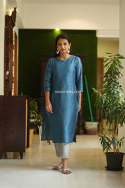 Blue and Steel Grey Dupion Suitset With Kota Dupatta
