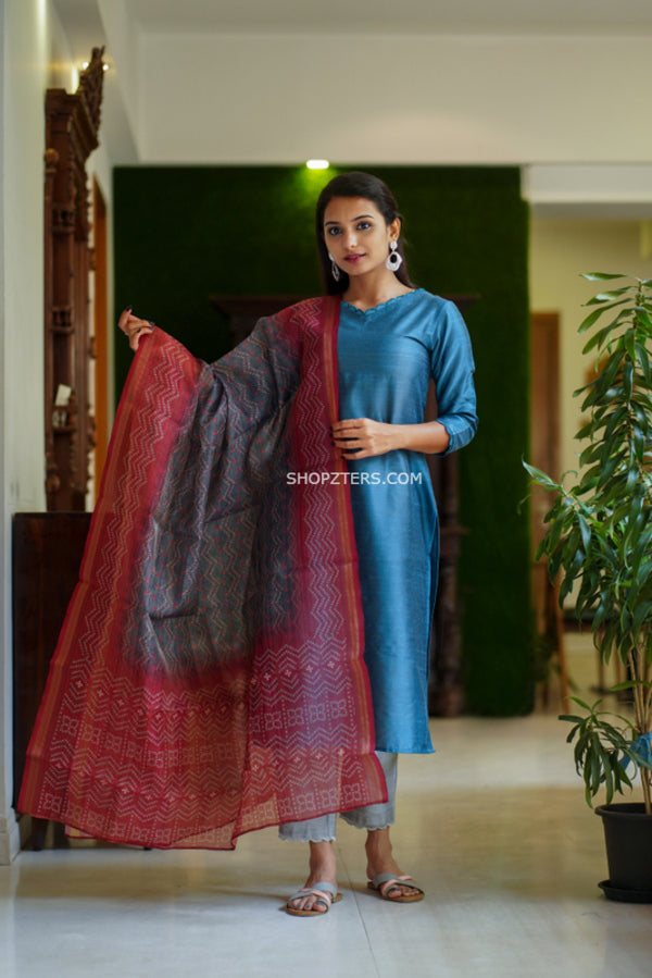Blue and Steel Grey Dupion Suitset With Kota Dupatta