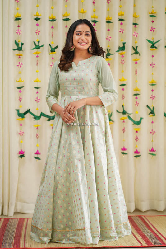 Pista Green Semi Chanderi Maxi Dress Pista Green Semi Chanderi Maxi Dress