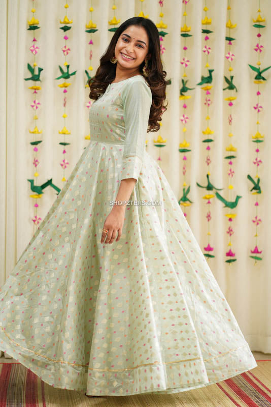 Pista Green Semi Chanderi Maxi Dress