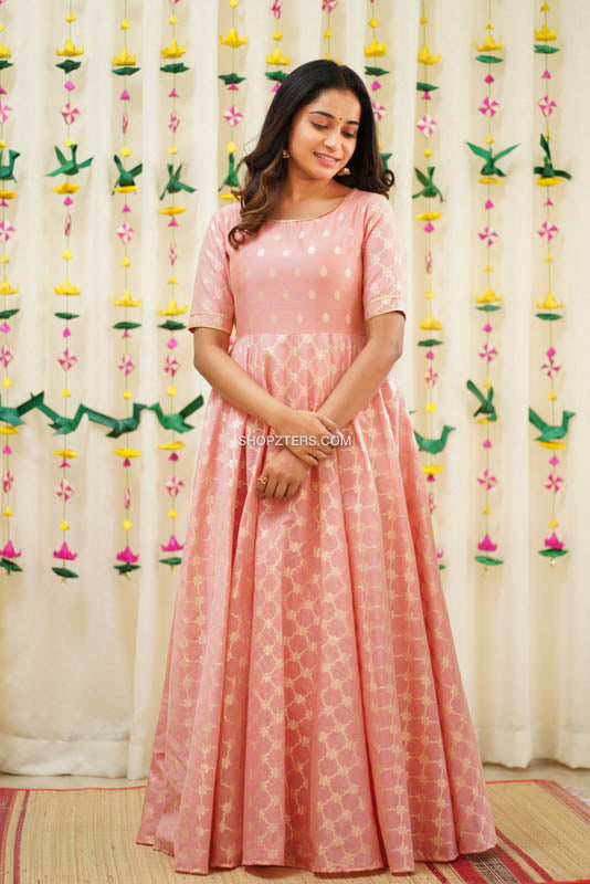 Peach Pink Semi Chanderi Maxi Dress