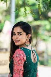 Green Sequins With Pink Kalamkari Dupatta
