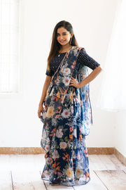 Navy Blue Floal Skirt and Top With Dupatta