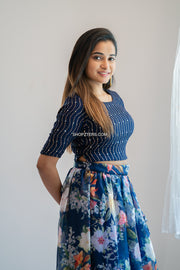 Navy Blue Floal Skirt and Top With Dupatta
