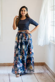 Navy Blue Floal Skirt and Top With Dupatta