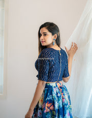 Navy Blue Floal Skirt and Top With Dupatta