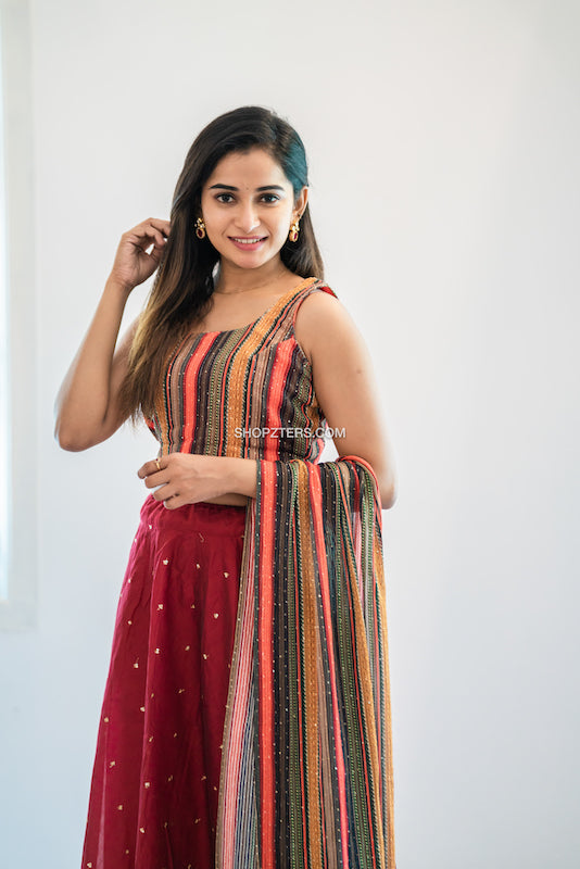 Maroon Sequins Skirt and Multicolor Top With Dupatta