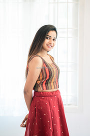 Maroon Sequins Skirt with Multicolor Printed Embroidered Top
