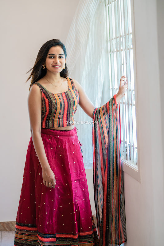 Maroon Sequins Skirt and Multicolor Top With Dupatta