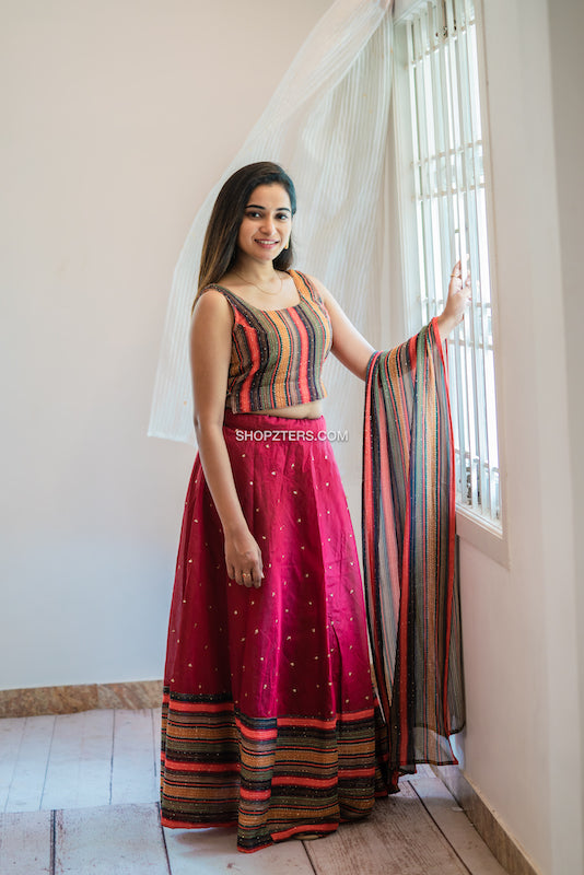 Maroon Sequins Skirt and Multicolor Top With Dupatta