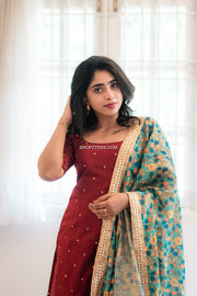 Maroon Kurti with Teal Kalamkari Printed Dupatta