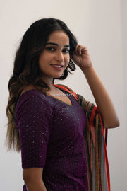 Wine Net Sequins Kurti with Multicolor Dupatta