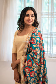 Cream Kurti With Blue Kalamkari Chanderi Dupatta