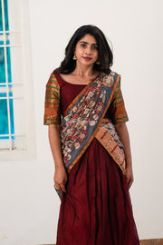 Maroon Fine Handloom Croptop and Skirt with Kalamkari dupatta