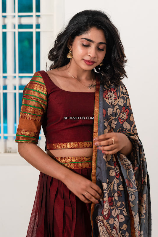 Maroon Fine Handloom Croptop and Skirt with Kalamkari dupatta