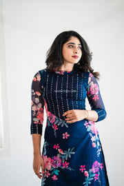 Blue Floral Mirror Embroidery Kurti