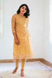 Yellow Chanderi Kurti With Organza Dupatta