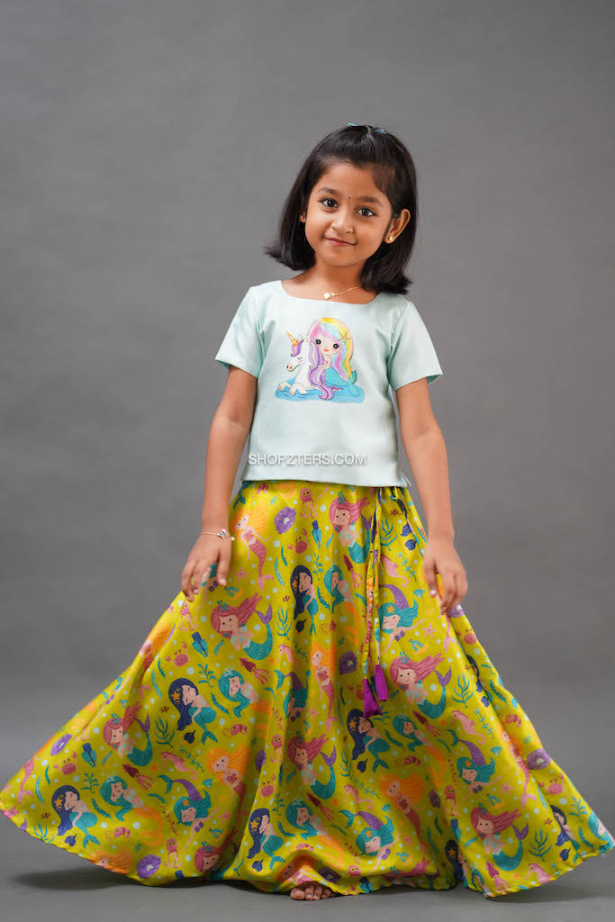 Light Blue Art Silk Top With Yellow Skirt
