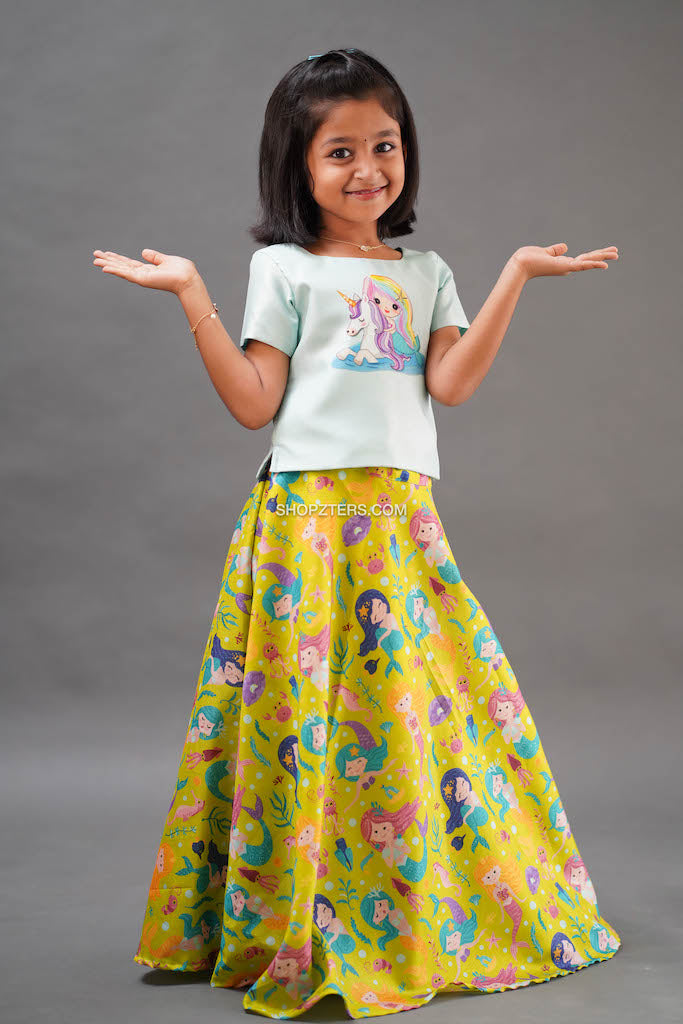 Light Blue Art Silk Top With Yellow Skirt