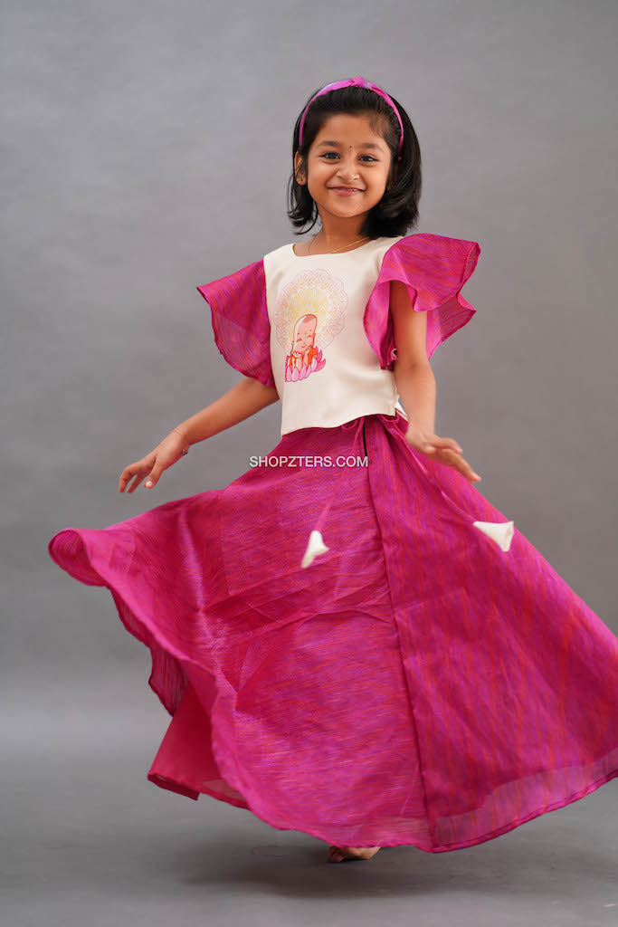 White & Pink Art Silk Top & Skirt