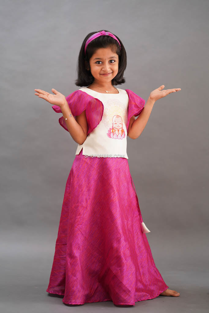 White & Pink Art Silk Top & Skirt