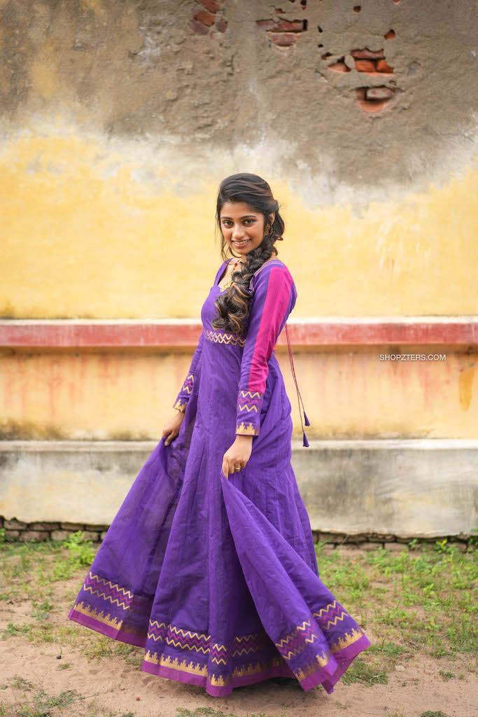 Purple Cotton Silk Dress with Border