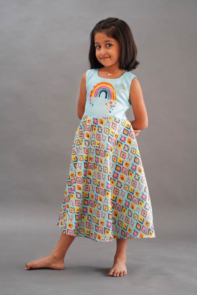 Light Blue Art Silk Rainbow Print Frock