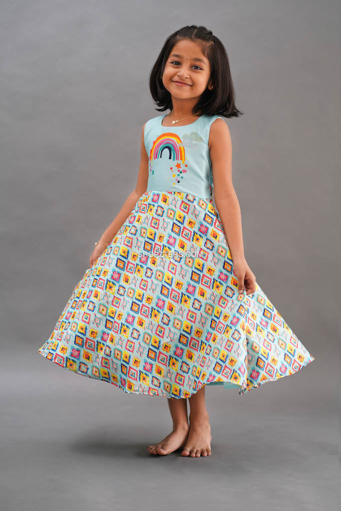 Light Blue Art Silk Rainbow Print Frock