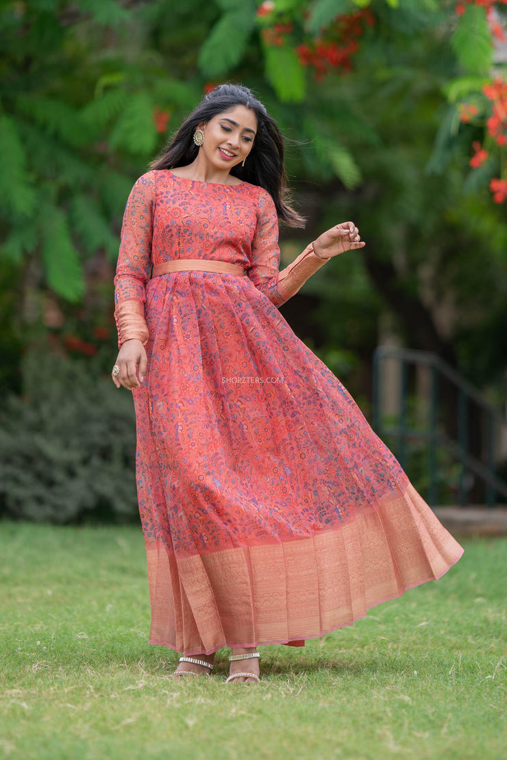White Kalamkari Dress With Pink Net Dupatta – Shopzters