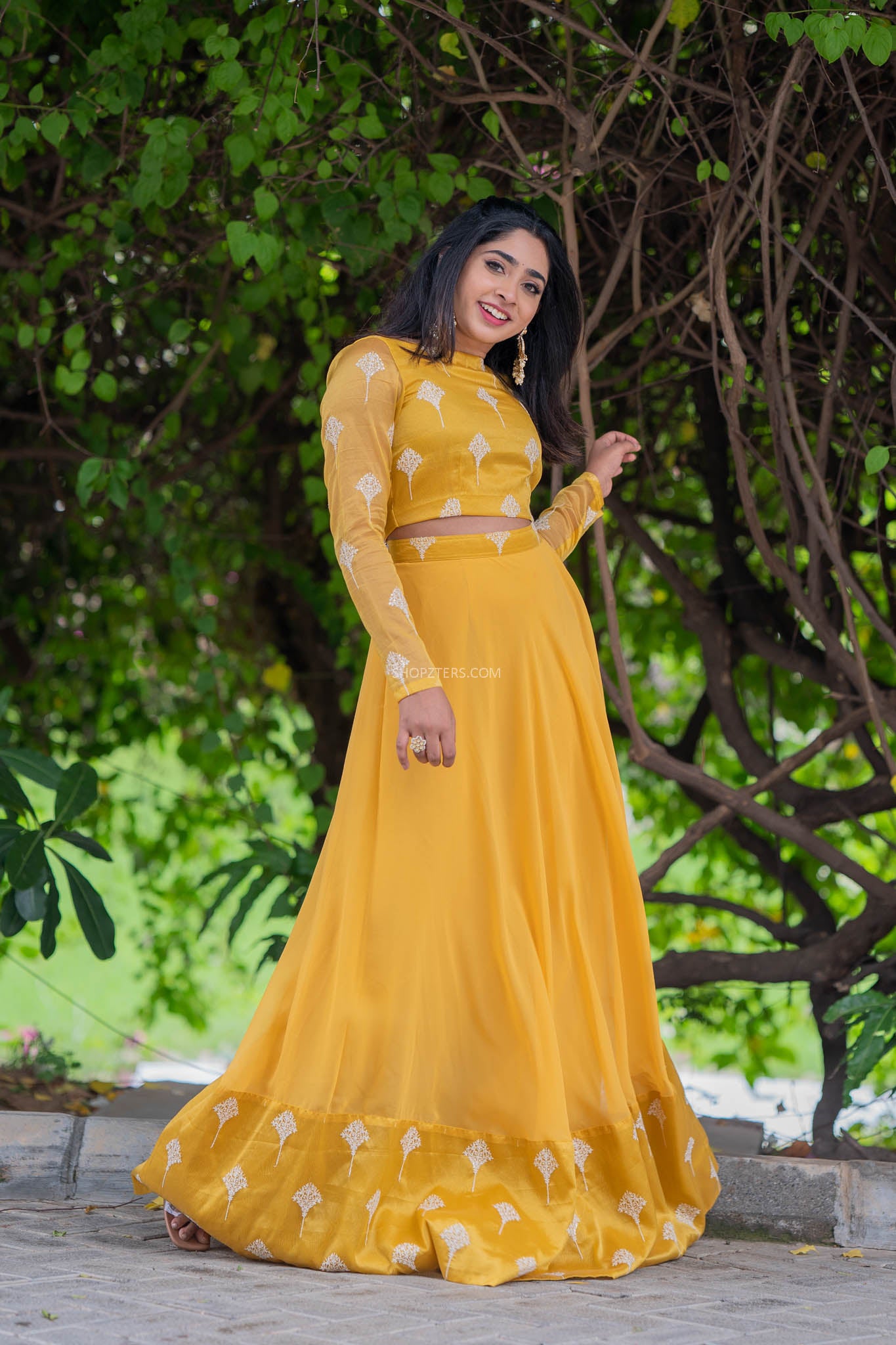 Foil Yellow Full Hand Crop Top & Skirt With Embroidery & Sequins