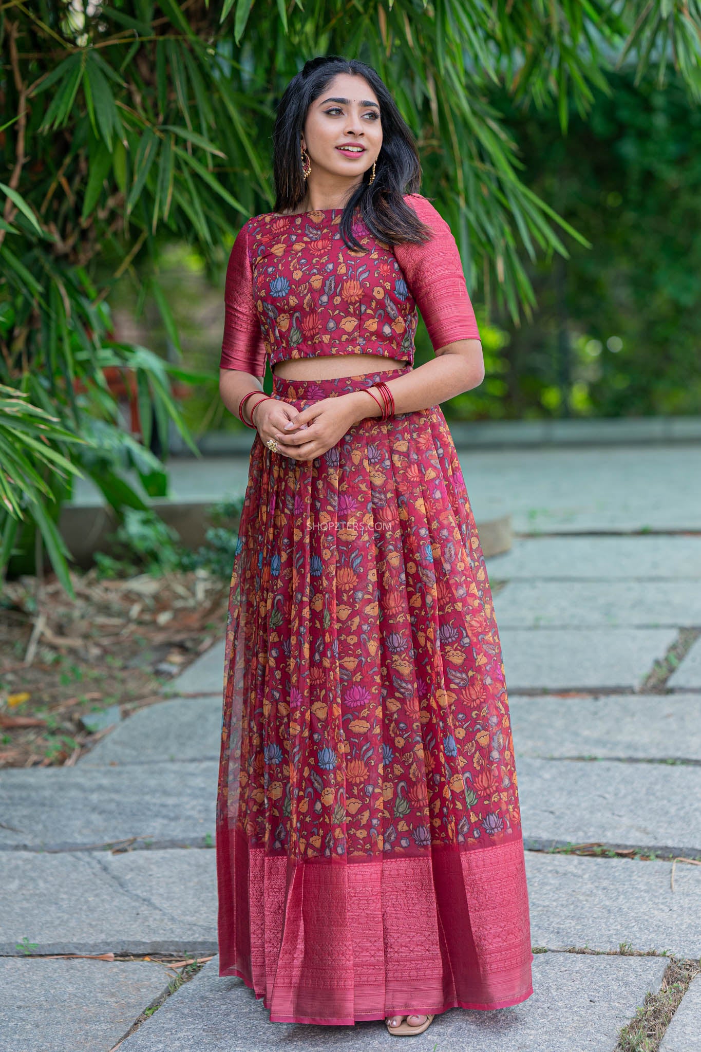 Maroon Kalamkari Organza Crop Top & Skirt