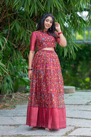 Maroon Kalamkari Organza Crop Top & Skirt