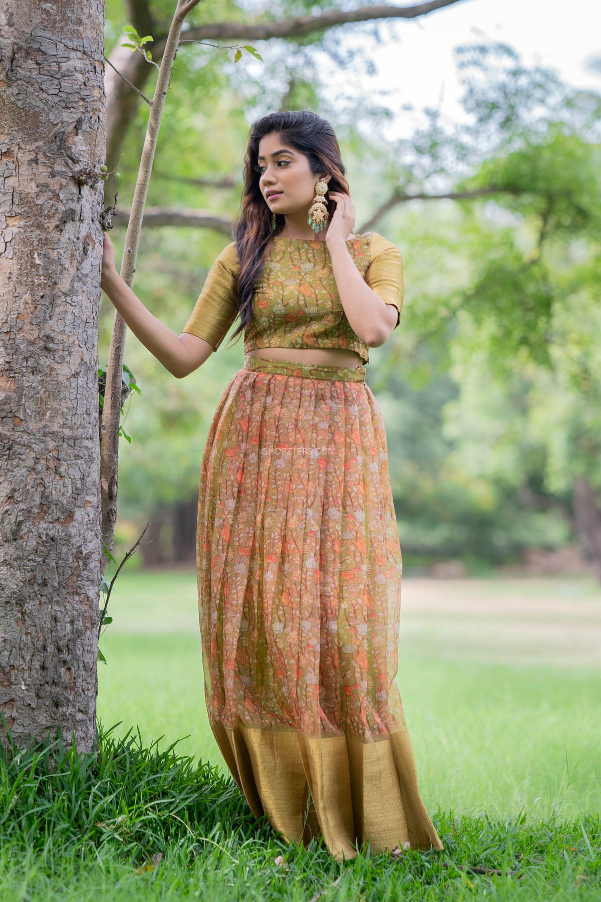Antique Green Kalamkari Organza Crop Top & Skirt