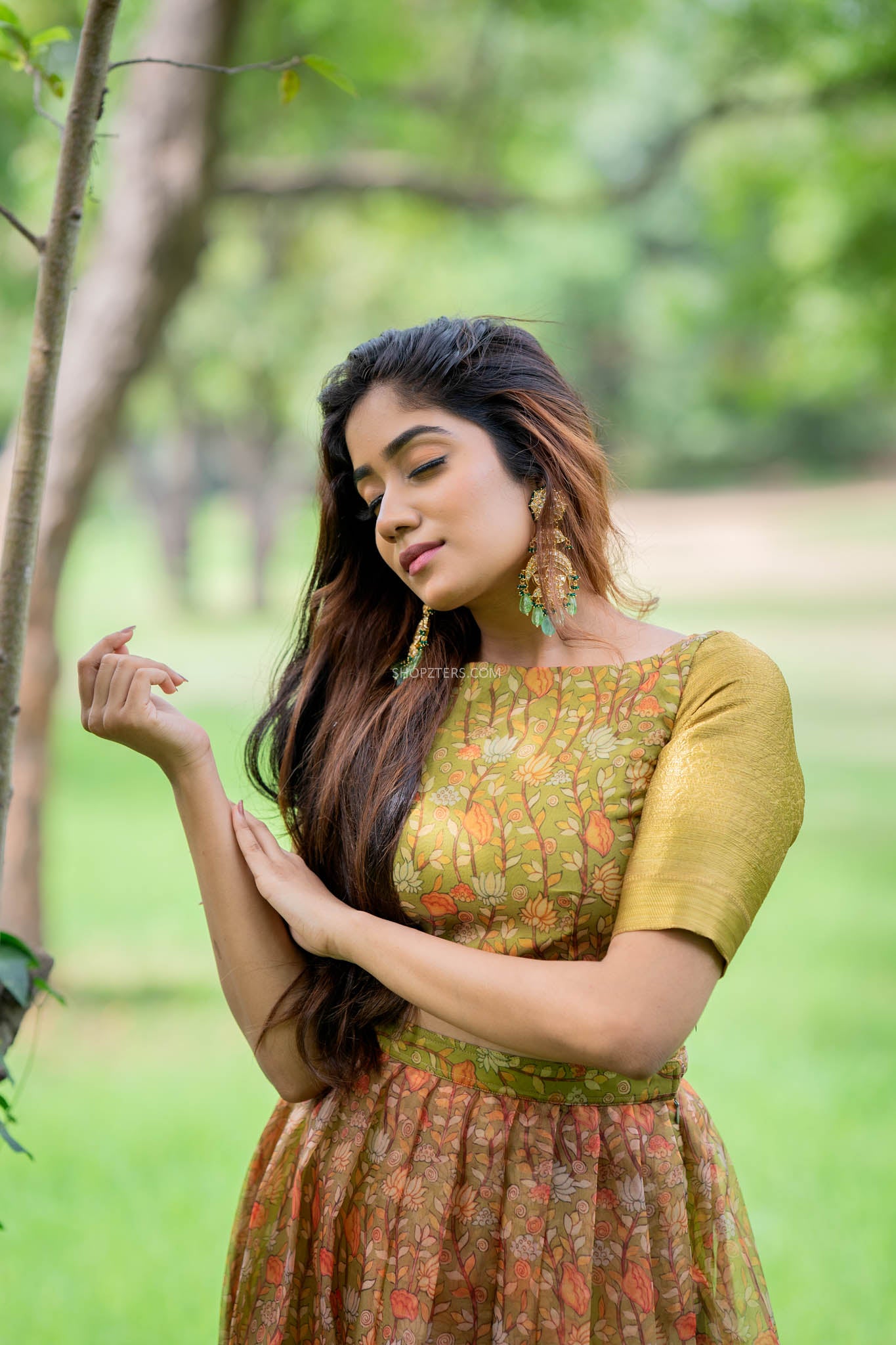 Antique Green Kalamkari Organza Crop Top & Skirt