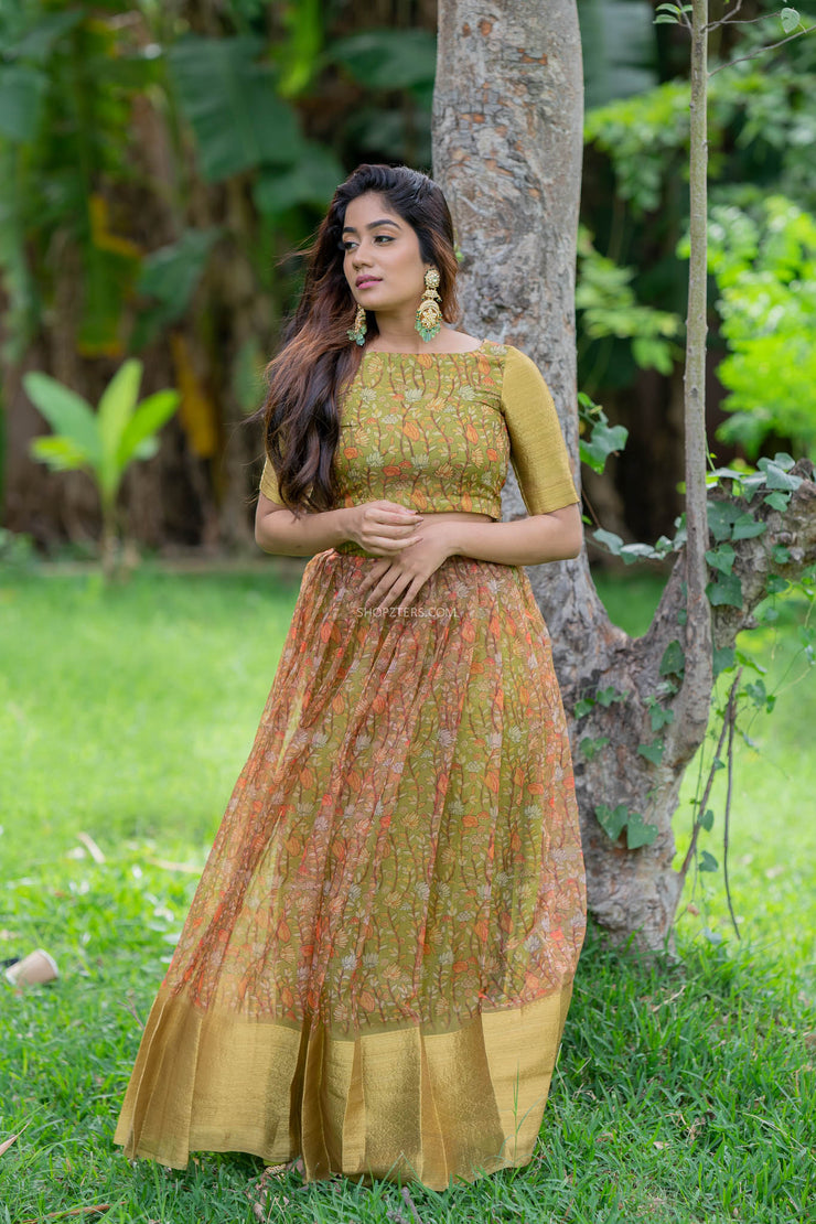 Antique Green Kalamkari Organza Crop Top & Skirt