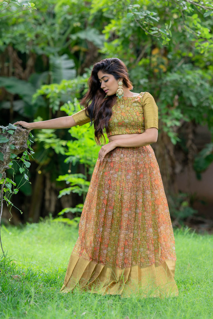 Antique Green Kalamkari Organza Crop Top & Skirt