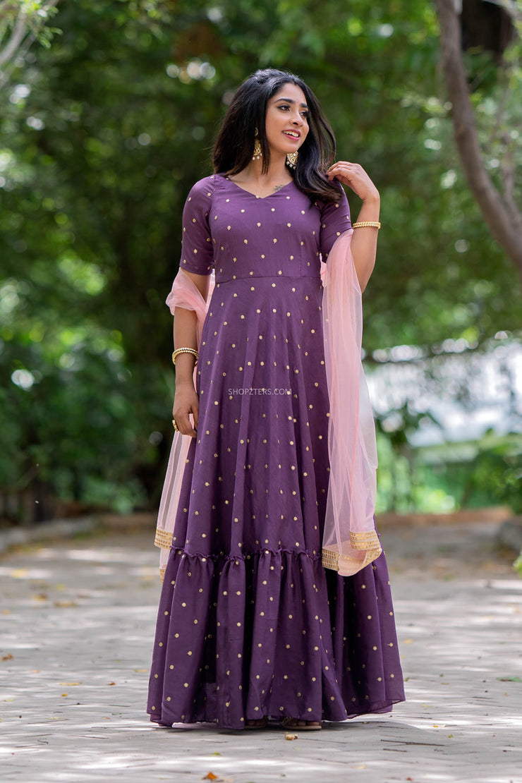 Plum Violet Anarkali With Embroidered Butties