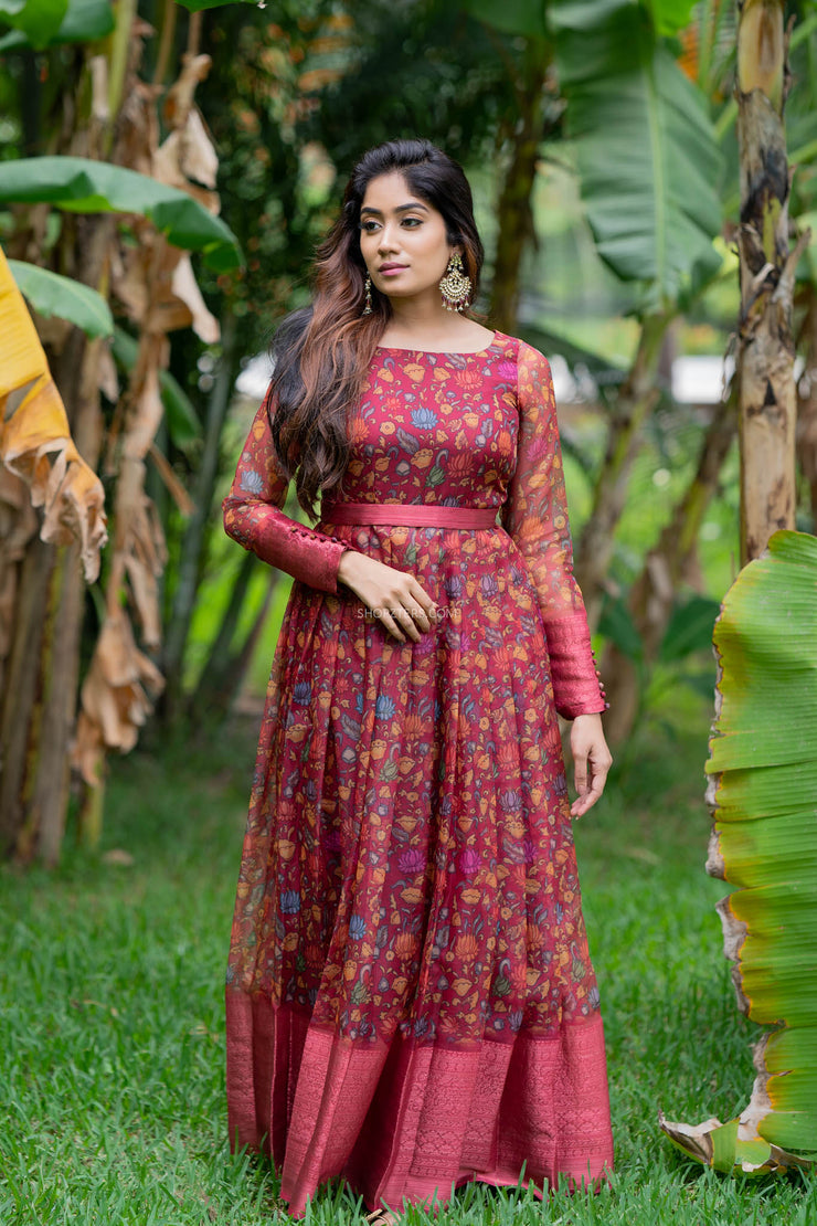 Maroon Kalamkari Organza Dress