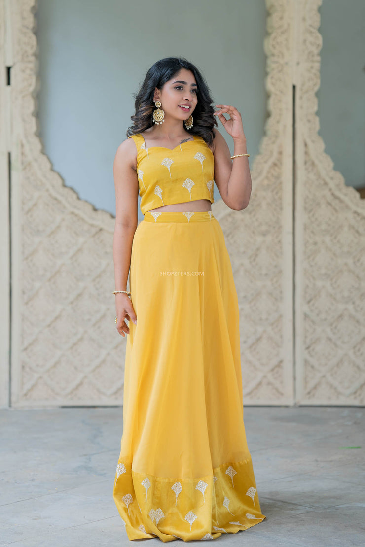 Foil Yellow Crop Top & Skirt With Embroidery & Sequins