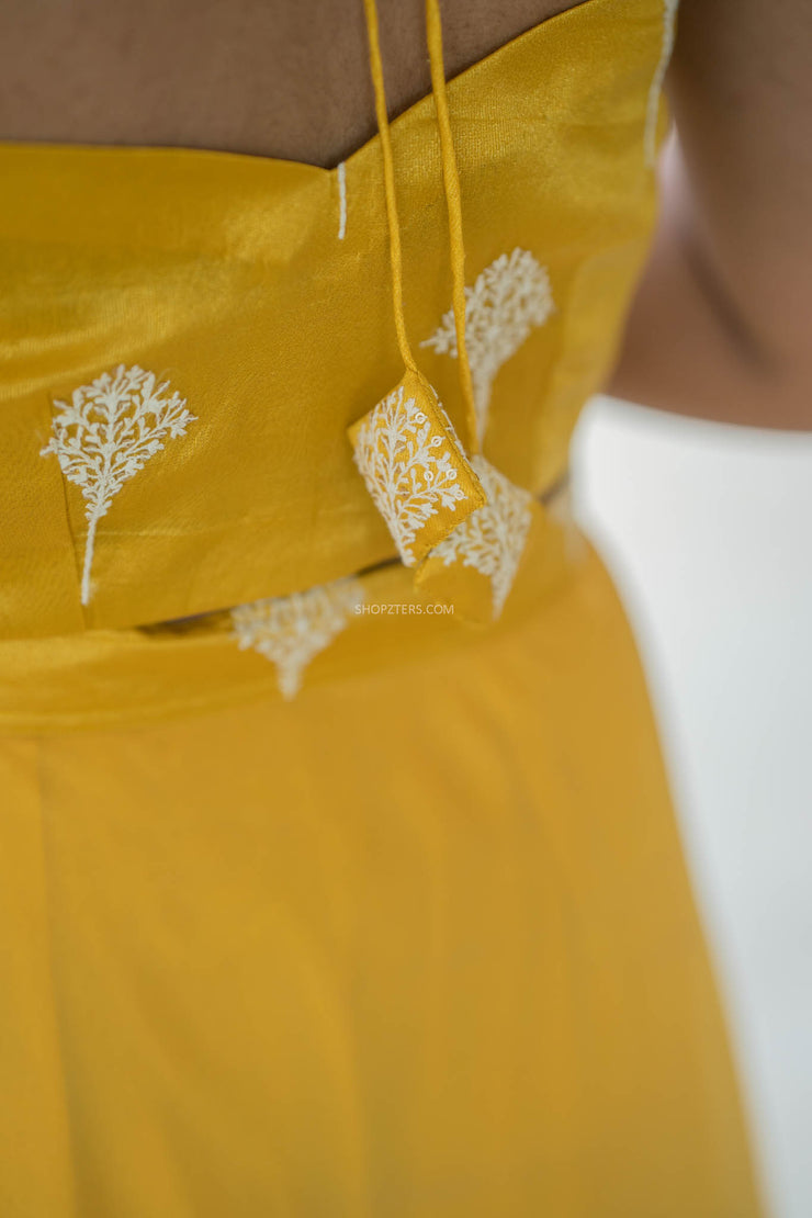 Foil Yellow Crop Top & Skirt With Embroidery & Sequins