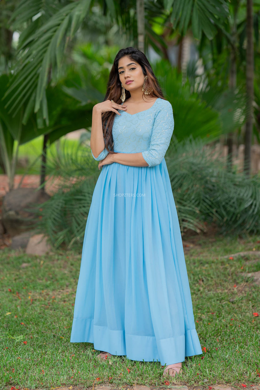 blue georgette dress JunaLuv Blue Georgette Button Wrap Dress Ruffleberry
