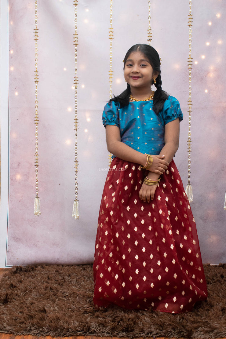Blue Raw Silk Top With Maroon Golden Butti Skirt